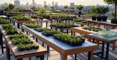 mesas de cultivo en una terraza urbana